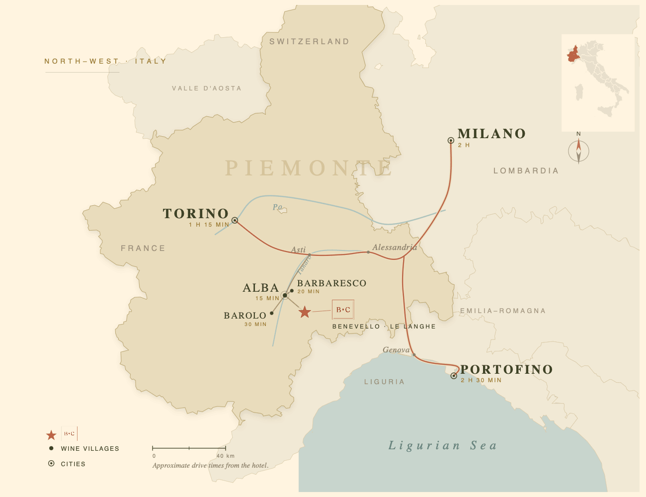 Map of Piemonte showing the Langhe region between Alba and Barolo