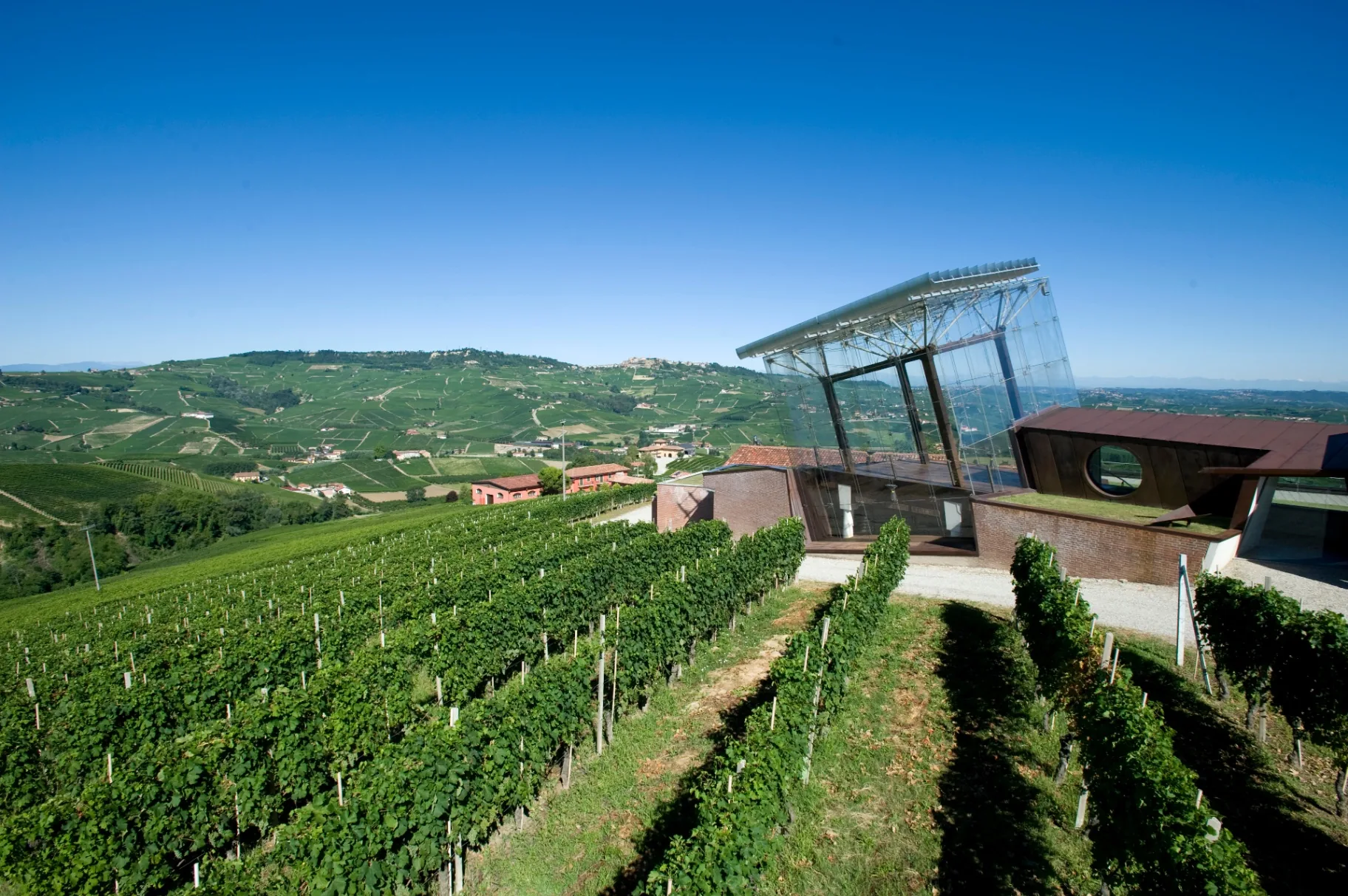 Contemporary architecture among Langhe vineyards