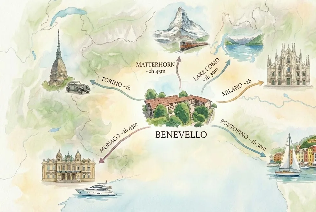 Watercolor map showing Borgo Castellengo's proximity to regional destinations