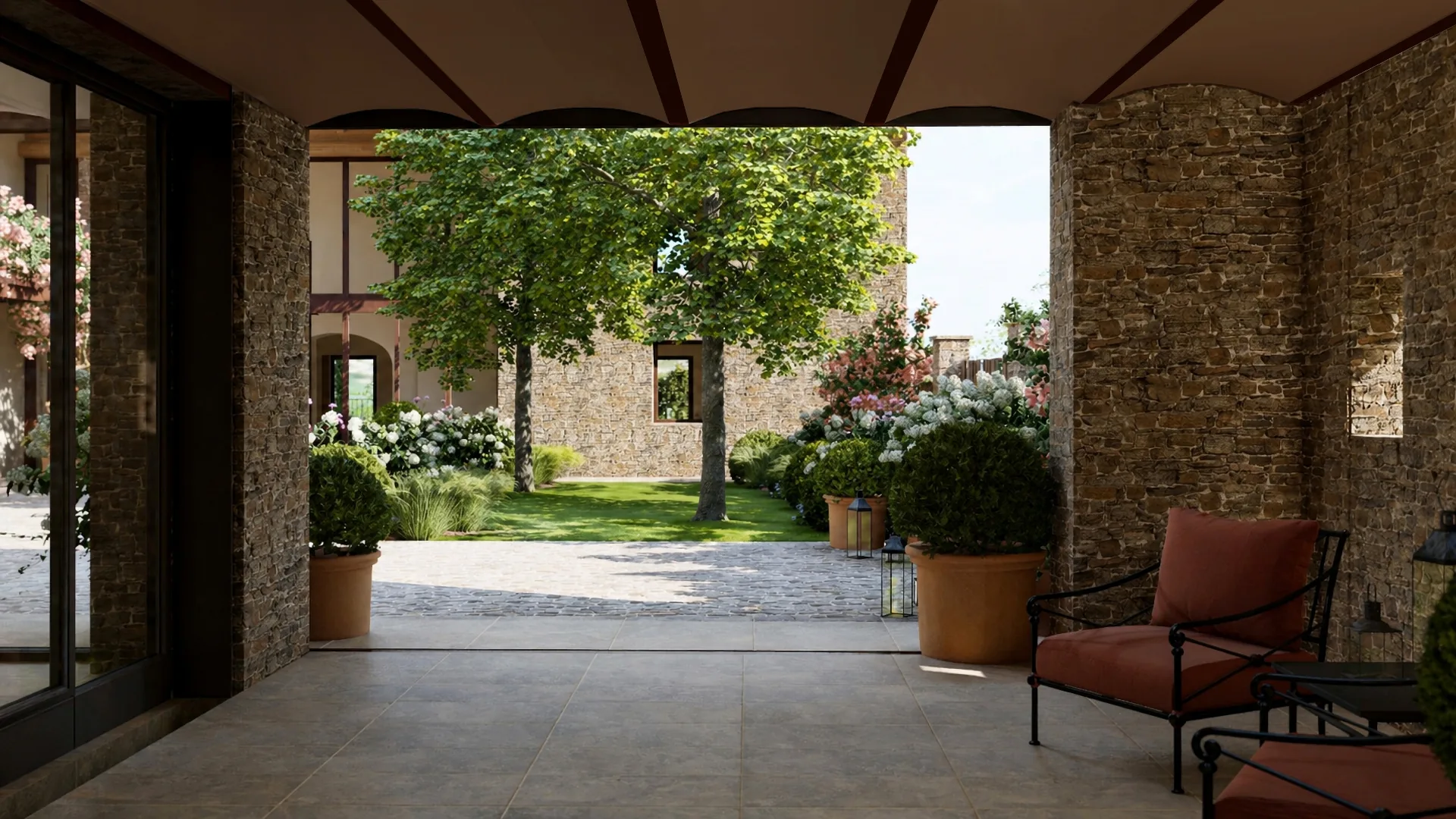 View of the courtyard and gardens at The Villa from a private balcony