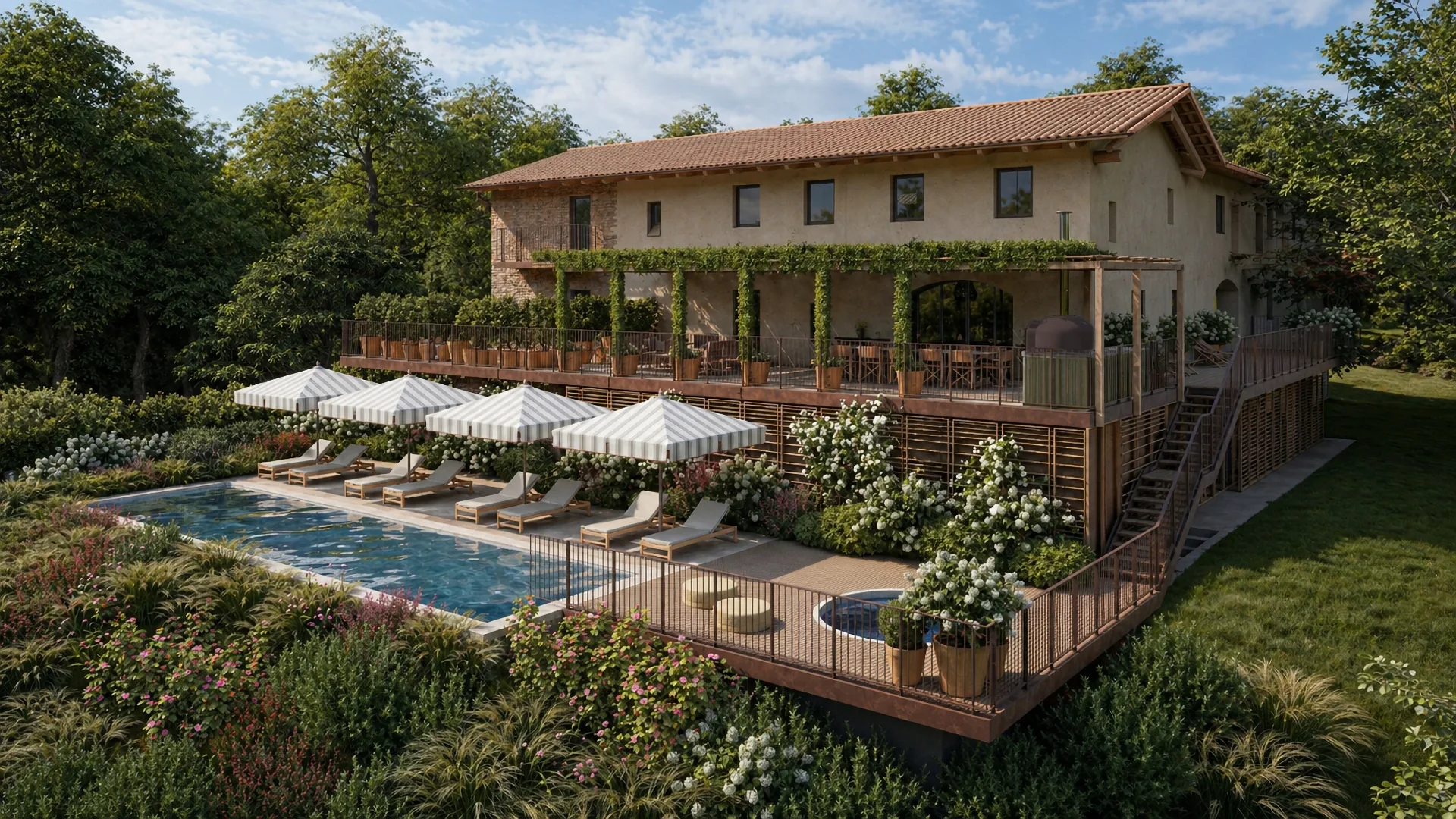 Pool and villa exterior at Borgo Castellengo