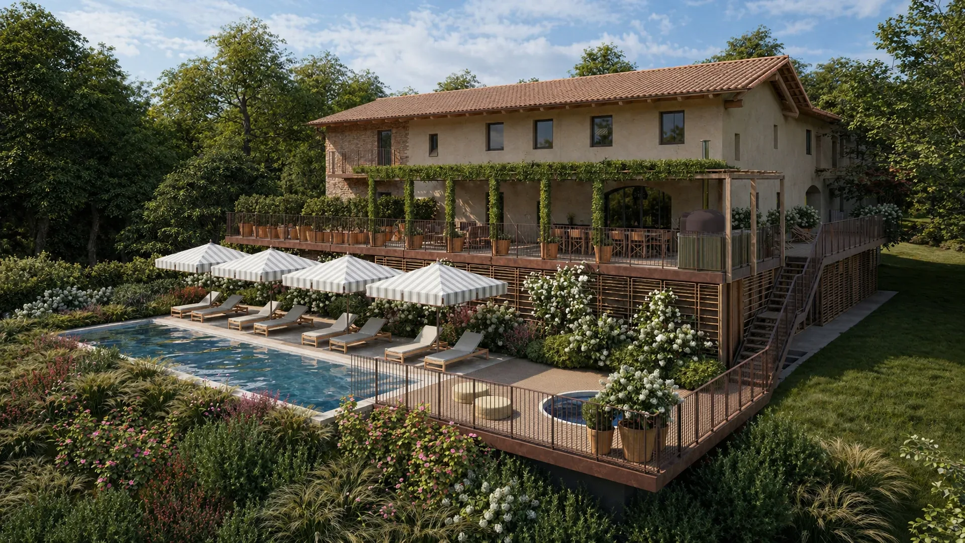 Pool and villa exterior at Borgo Castellengo