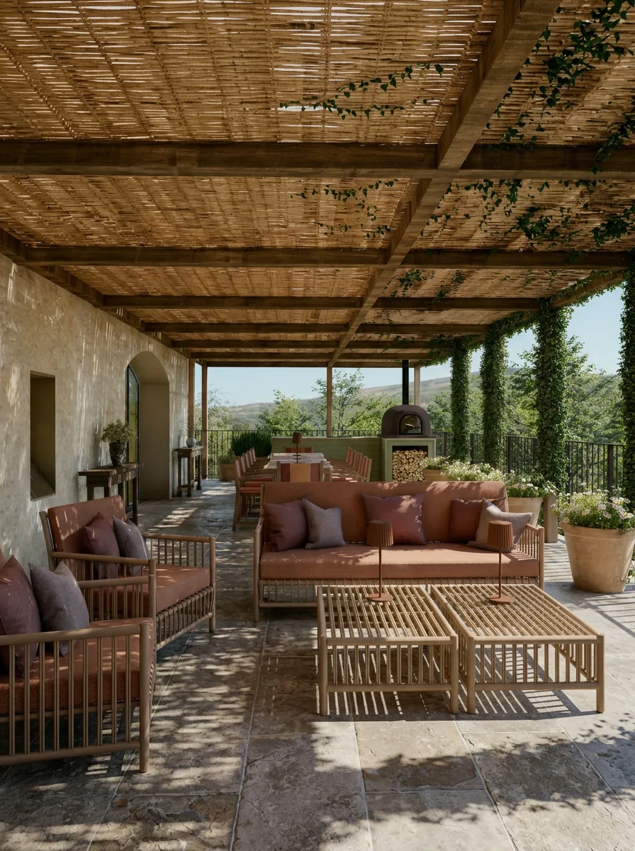 Covered pergola lounge with wood-fired oven overlooking the Langhe hills