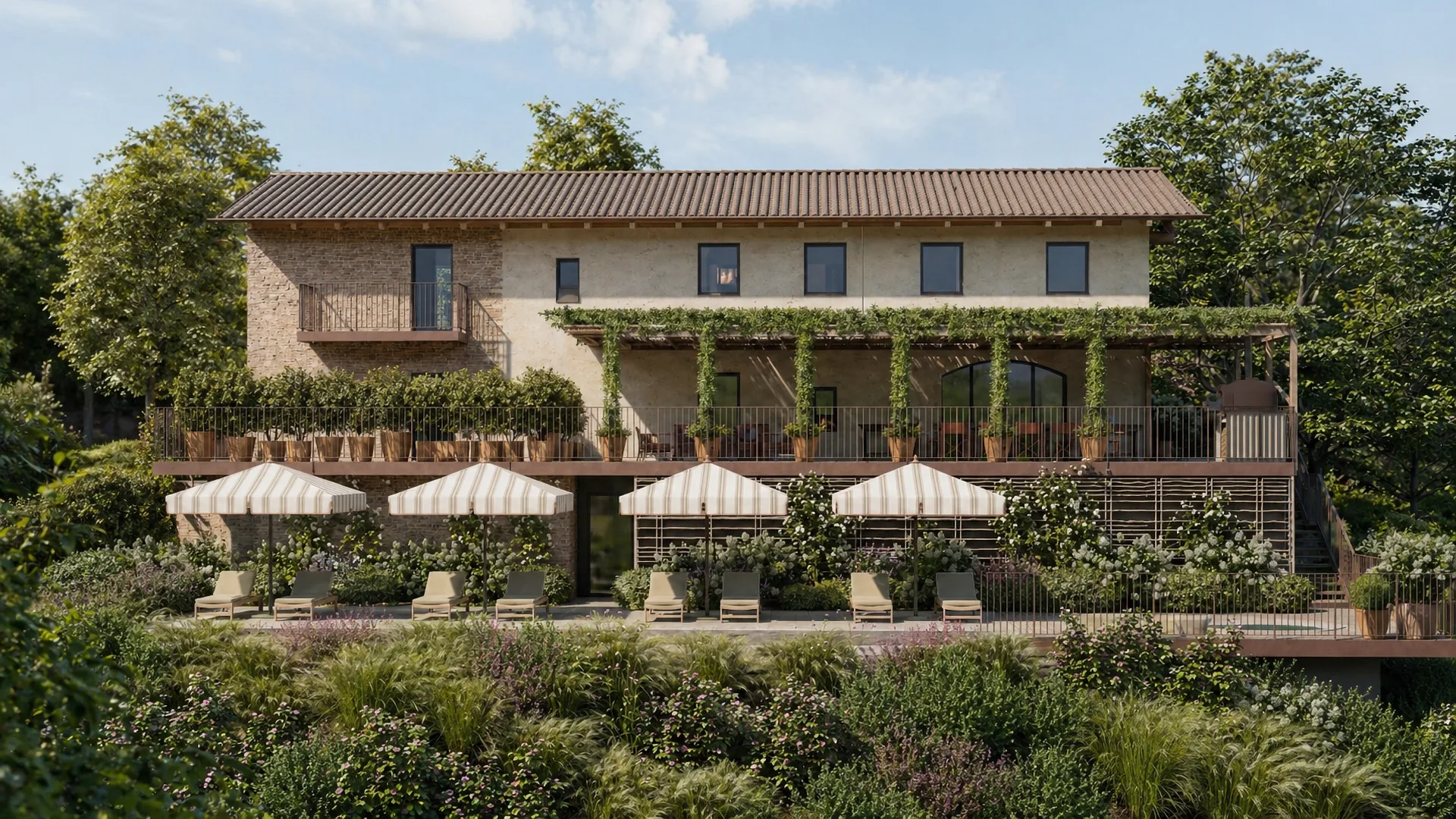 Villa exterior with vine-covered pergola, terrace, and pool loungers at Borgo Castellengo