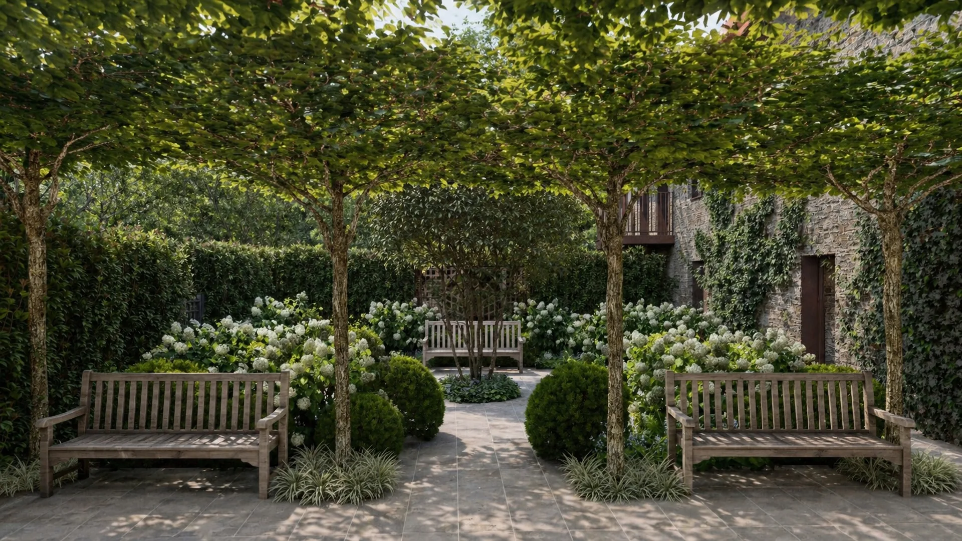 Hornbeam-shaded garden with benches and white hydrangeas at Borgo Castellengo